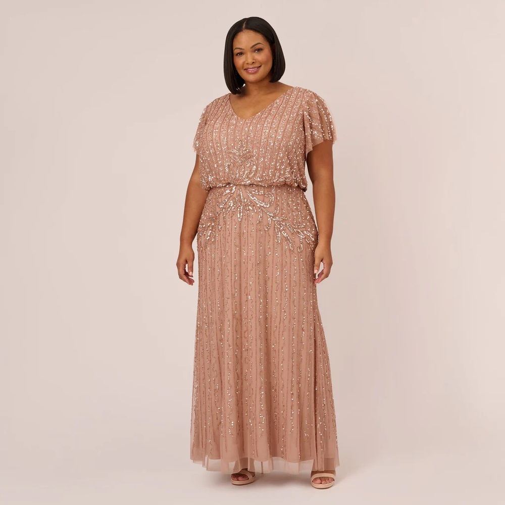 Adrianna Papell Flour Beaded Blouson Gown With Sheer Short Sleeves